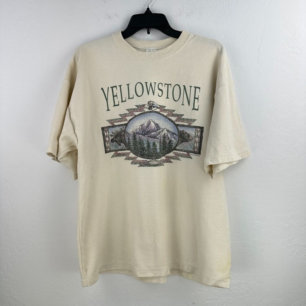 Vintage Prairie Mountain Mens Yellowstone Shirt Cream Textured‎ Graphic Print